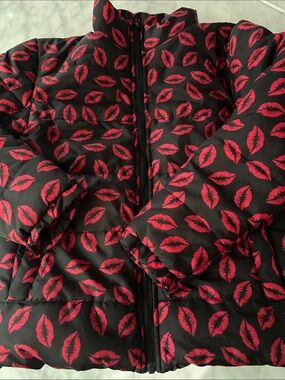 Super Cute Heartbreak Ski Jacket Puffer with Red Lipstick Print